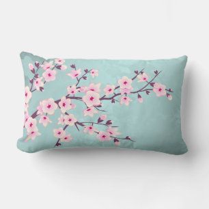 Cute Cherry Blossoms Pink Turquoise Lumbar Cushion