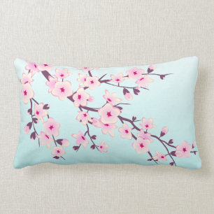 Cute Cherry Blossoms Pink Turquoise Lumbar Cushion