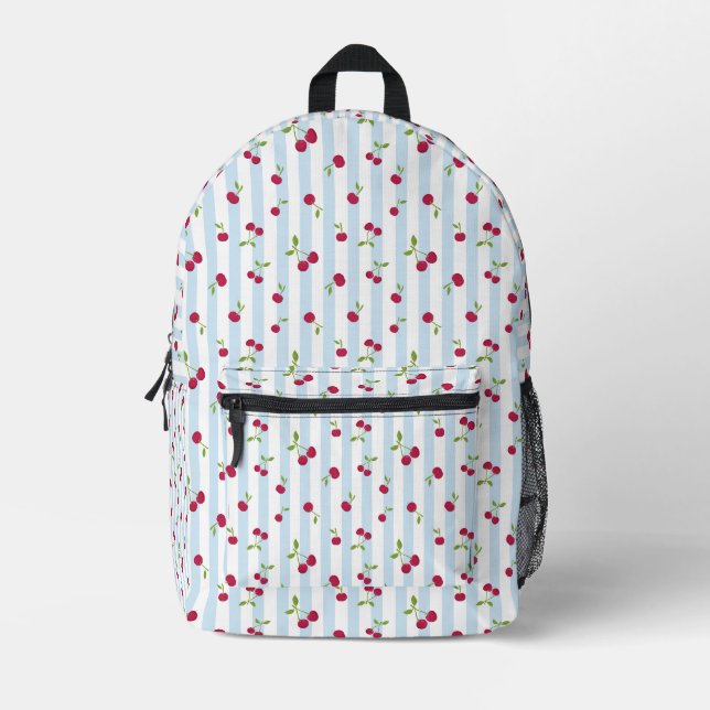 Cute Cherry Blue Stripes Retro Back to School Kids Printed Backpack (Front)