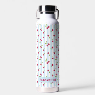 Cute Cherry Blue Stripes Retro Personalised Water Bottle