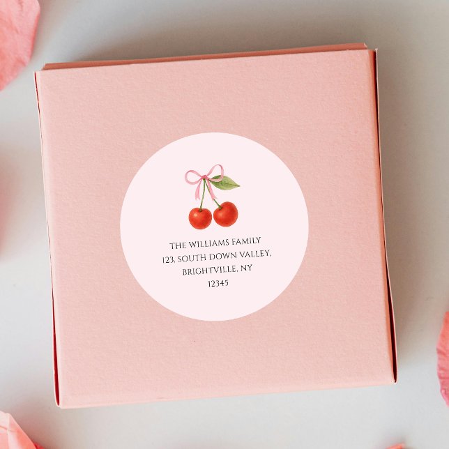 Cute Cherry Bow Coquette return address  Classic Round Sticker (Cute Cherry Bow Coquette return address Classic Round Sticker)