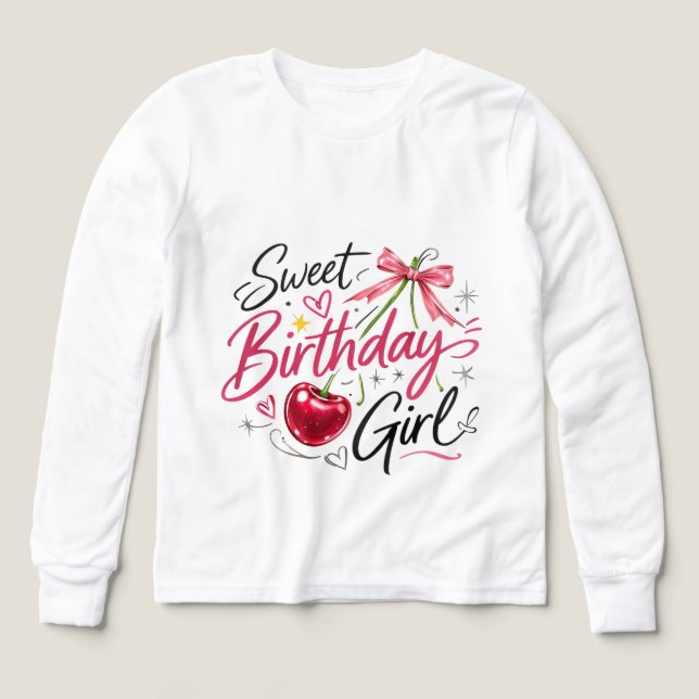 Cute Cherry & Bow Graphic Birthday Tee for Girls (Design Front)