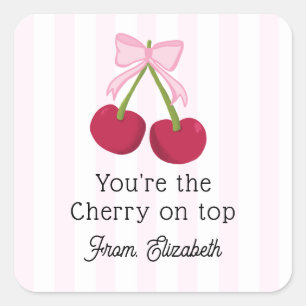 Cute Cherry Bow Pink Stripes Coquette Aesthetic Square Sticker