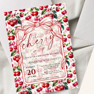 Cute Cherry Bow Themed Baby Shower Invitation