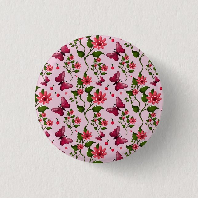 Cute Cherry Butterfly Pattern, Glossy Kawaii Fruit 3 Cm Round Badge (Front)