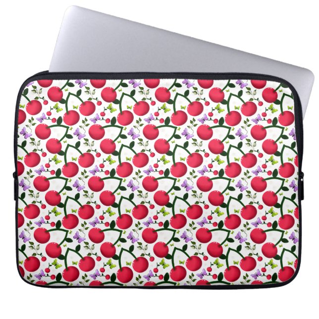 Cute Cherry Butterfly Pattern, Glossy Kawaii Fruit Laptop Sleeve (Front)
