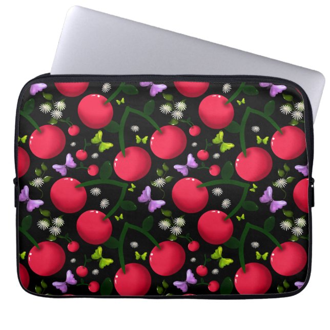 Cute Cherry Butterfly Pattern, Glossy Kawaii Fruit Laptop Sleeve (Front)