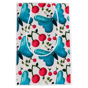 Cute Cherry Butterfly Pattern, Glossy Kawaii Fruit Medium Gift Bag