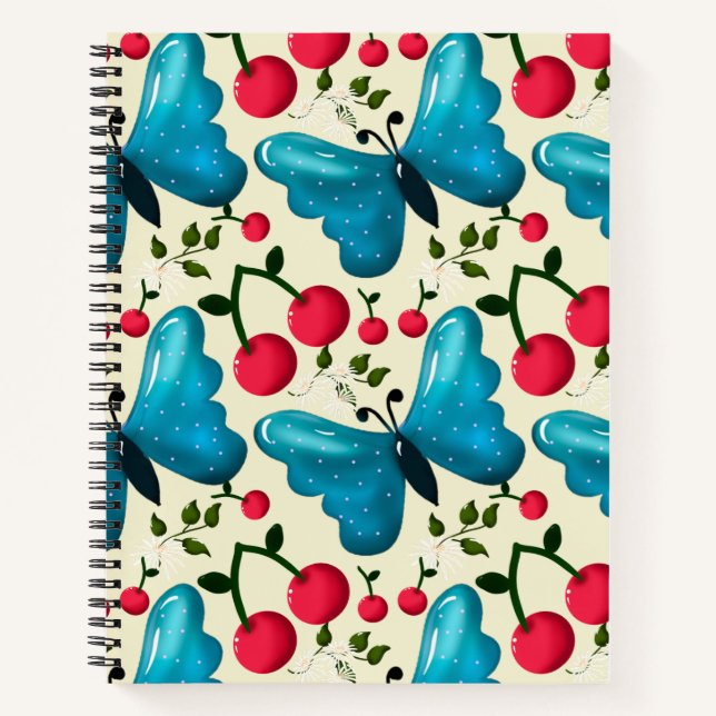 Cute Cherry Butterfly Pattern, Glossy Kawaii Fruit Notebook (Front)