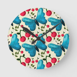 Cute Cherry Butterfly Pattern, Glossy Kawaii Fruit Round Clock