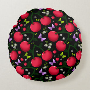 Cute Cherry Butterfly Pattern, Glossy Kawaii Fruit Round Cushion