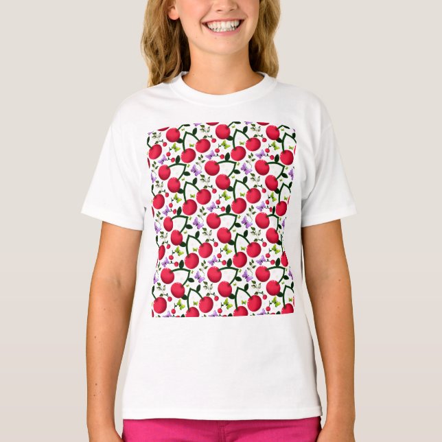 Cute Cherry Butterfly Pattern, Glossy Kawaii Fruit T-Shirt (Front)