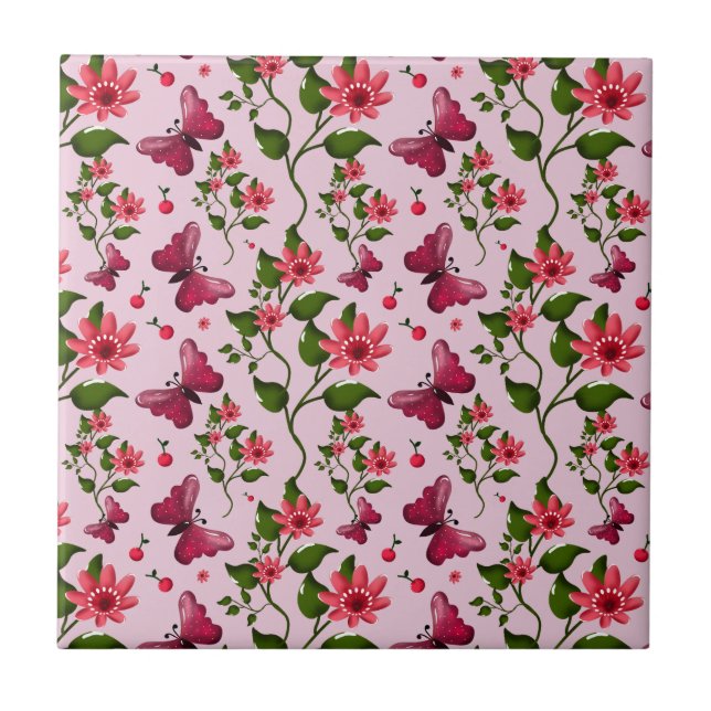 Cute Cherry Butterfly Pattern, Glossy Kawaii Fruit Tile (Front)