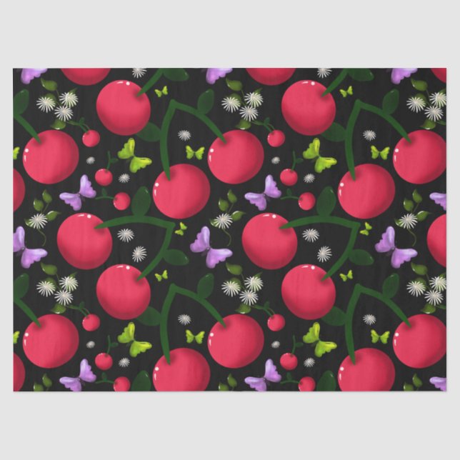 Cute Cherry Butterfly Pattern, Glossy Kawaii Fruit Tissue Paper (Front)