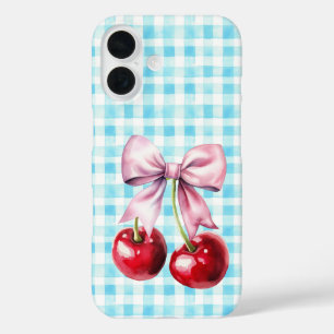 Cute Cherry Coquette Bow Blue Gingham  iPhone 16 Case