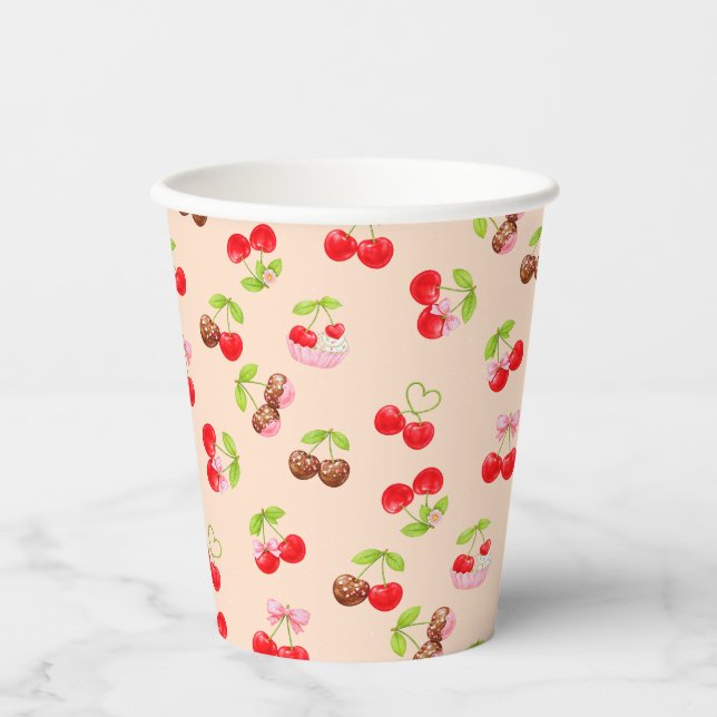 Cute Cherry Dessert Pattern Sweet Party Aesthetic Paper Cups (Front)