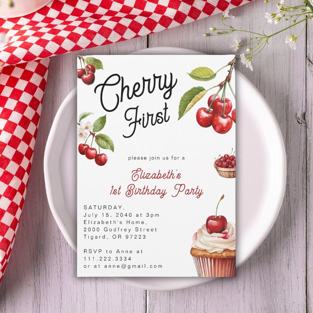 Cute Cherry First 1st Girly Birthday  Invitation (Creator Uploaded)