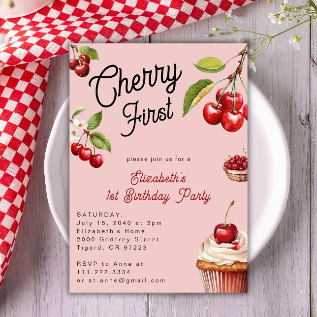 Cute Cherry First 1st Girly Birthday Pink Invitation (Creator Uploaded)