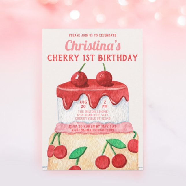 Cute Cherry First Sweet One Birthday  Invitation (Creator Uploaded)