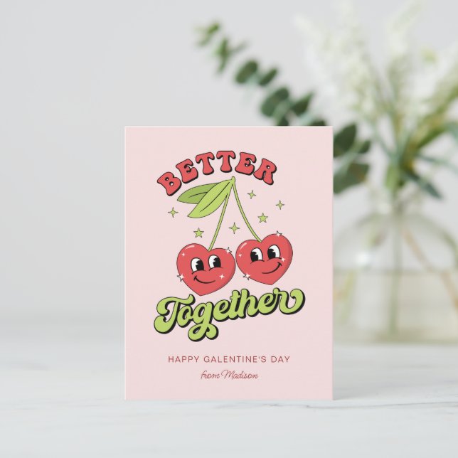 Cute Cherry Hearts Friends Better Together Postcard (Standing Front)