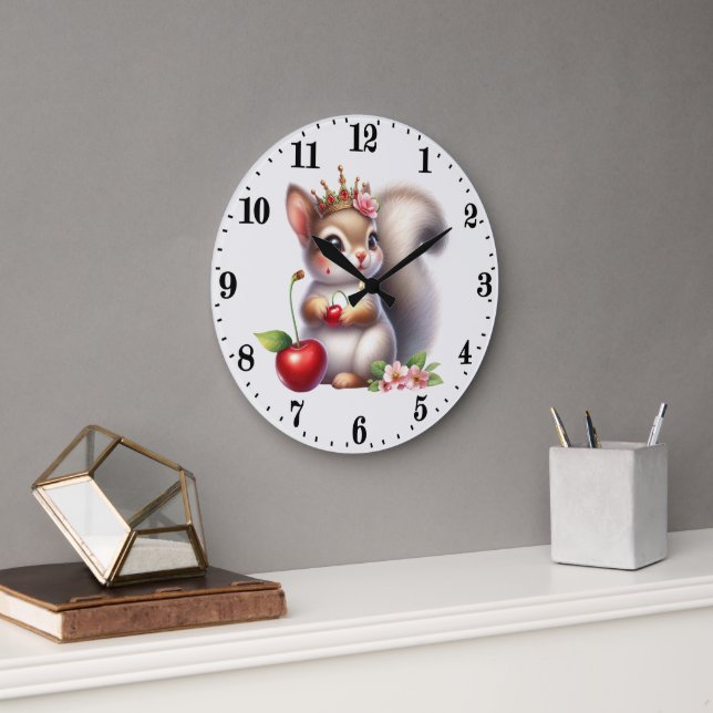 Cute cherry lovers squirrel large clock (Office)