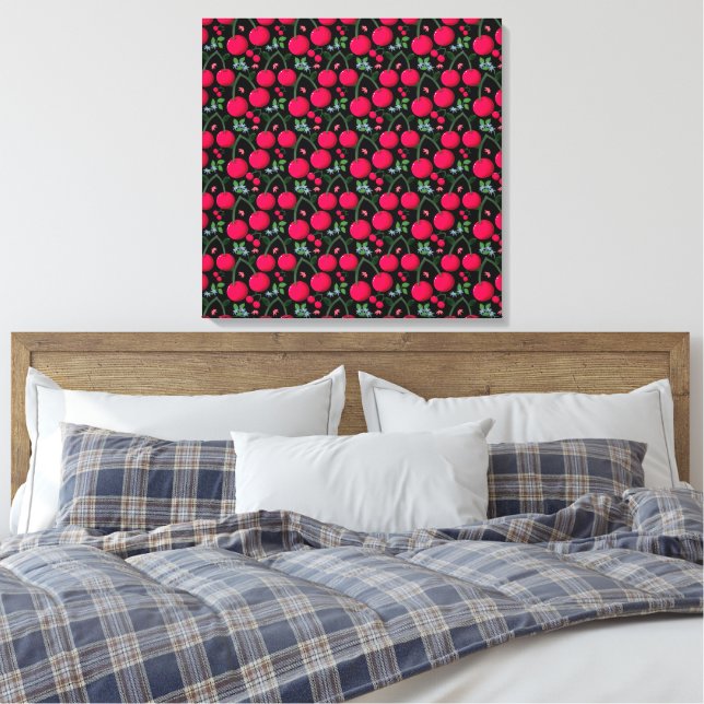 Cute Cherry Pattern Aesthetic | Red Cherry Seamles Canvas Print (Insitu(Bedroom))