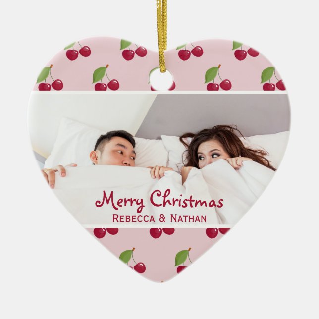 Cute Cherry Pattern Custom Photo Christmas Ceramic Tree Decoration (Front)