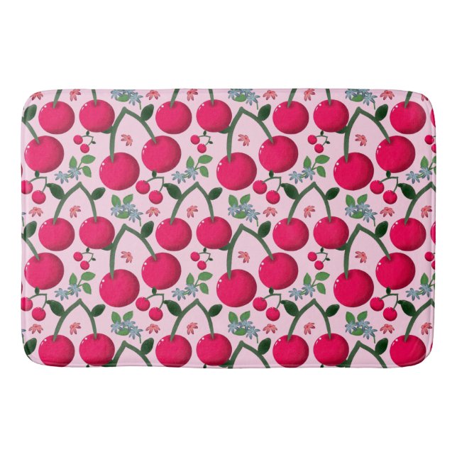 Cute Cherry  Pattern, Glossy Kawaii Fruit Bath Mat (Front)