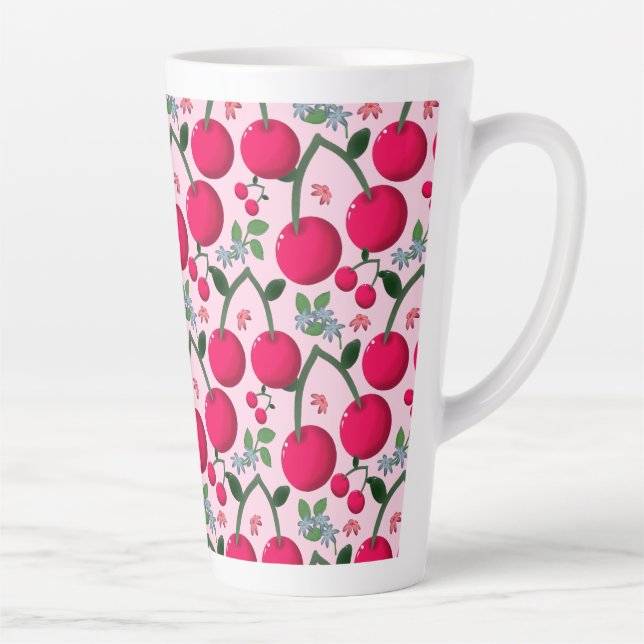 Cute Cherry  Pattern, Glossy Kawaii Fruit Latte Mug (Right)