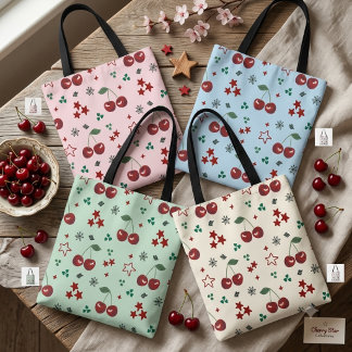 Cute Cherry Pattern Mint Green Cottagecore Tote Bag
