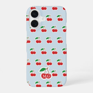 Cute Cherry Pattern on Light Blue Monogram iPhone 16 Case
