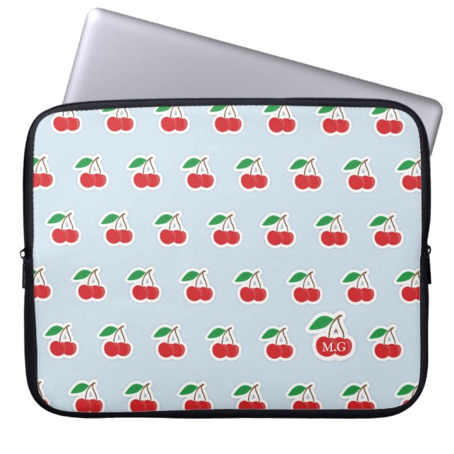 Cute Cherry Pattern on Light Blue Monogram Laptop Sleeve (Front)