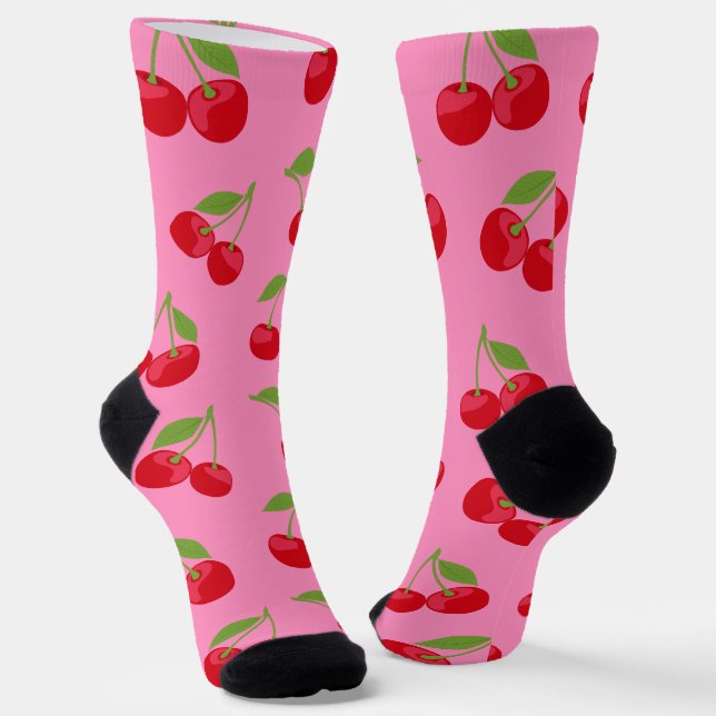 Cute Cherry Pattern on Pink Socks (Angled)