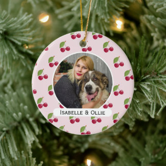 Cute Cherry Pattern Personalised Photo Ceramic Tree Decoration