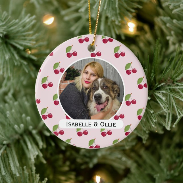 Cute Cherry Pattern Personalised Photo Ceramic Tree Decoration (Tree)