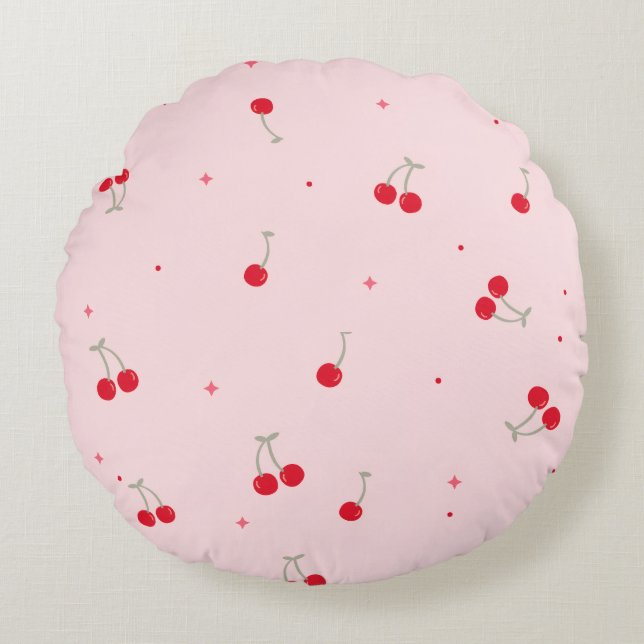 Cute Cherry Pattern | Pink Aesthetic Seamless  Round Cushion (Front)
