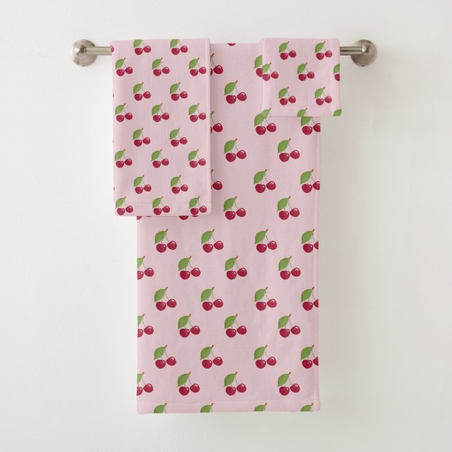 Cute Cherry Pattern Pink Bath Towel Set (Insitu)