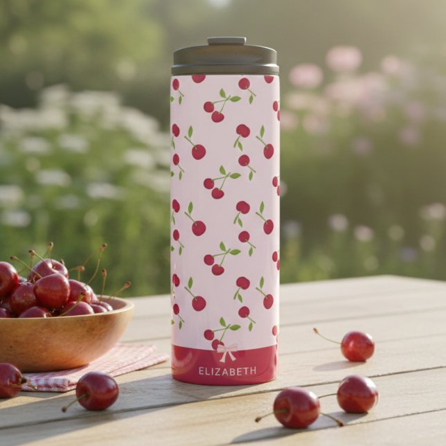 Cute Cherry Print Pattern Coquette Pink Custom Thermal Tumbler (Creator Uploaded)