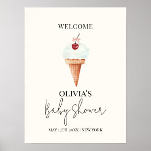 Cute Cherry Scoop Ice Cream Baby Shower Welcome  Poster