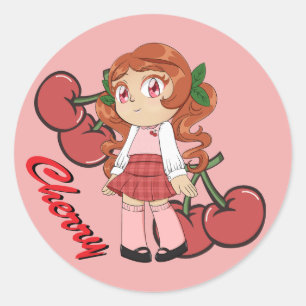 Cute Cherry Theme Chibi with Cherry Background Classic Round Sticker