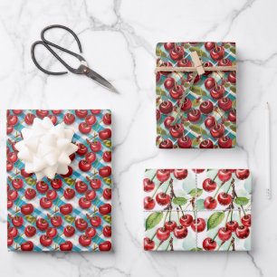 Cute Cherry Themed Pattern Birthday  Wrapping Paper Sheet