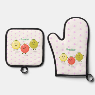 Cute cherry tomatoes cartoon illustration oven mitt & pot holder set