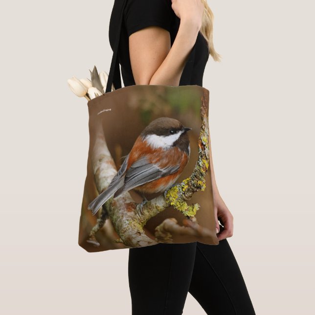 Cute Chestnut-Backed Chickadee on Pear Tree Tote Bag (Close Up)