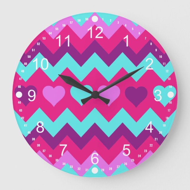 Cute Chevron Hearts Pink Teal Teen Girl Gifts Large Clock (Front)