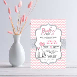 Cute Chevron Pink Grey Elephant Baby Shower GIRL Invitation