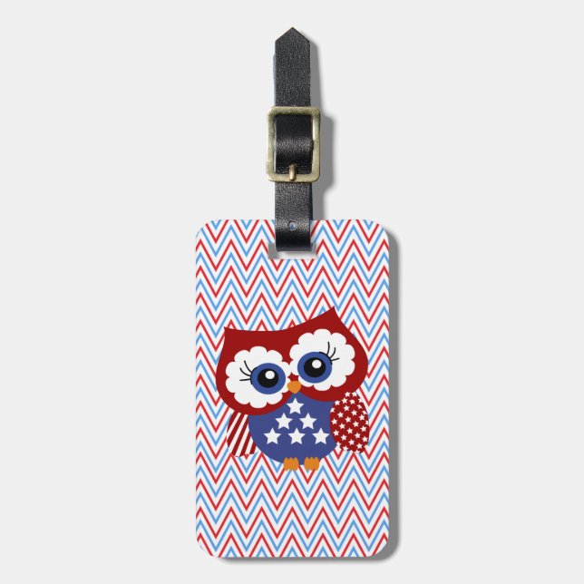 Cute Chevron Zigzag and Patriotic Owl Luggage Tag (Front Vertical)