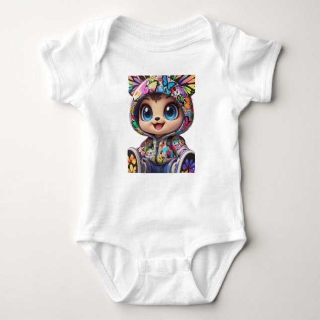Cute Chibi Bear in Graffiti Butterfly Hoodie – Kaw Baby Bodysuit (Front)