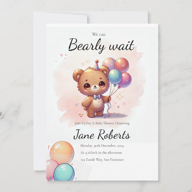 Cute Chibi Bear We Can Bearly Wait Invitation (Front)