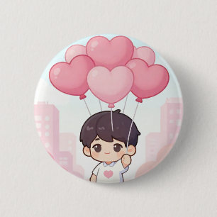 Cute Chibi Boy with Pink Heart Balloons Kawaii Aes 6 Cm Round Badge