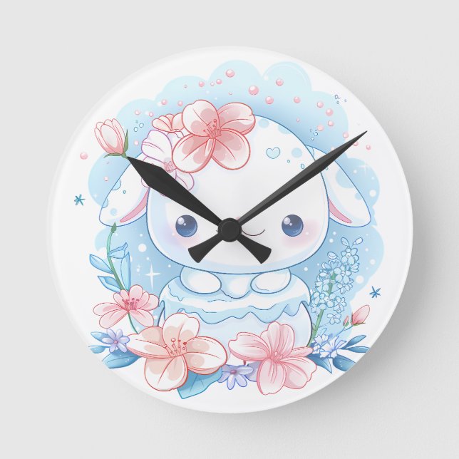 Cute Chibi Bunny Illustration Round Clock (Front)